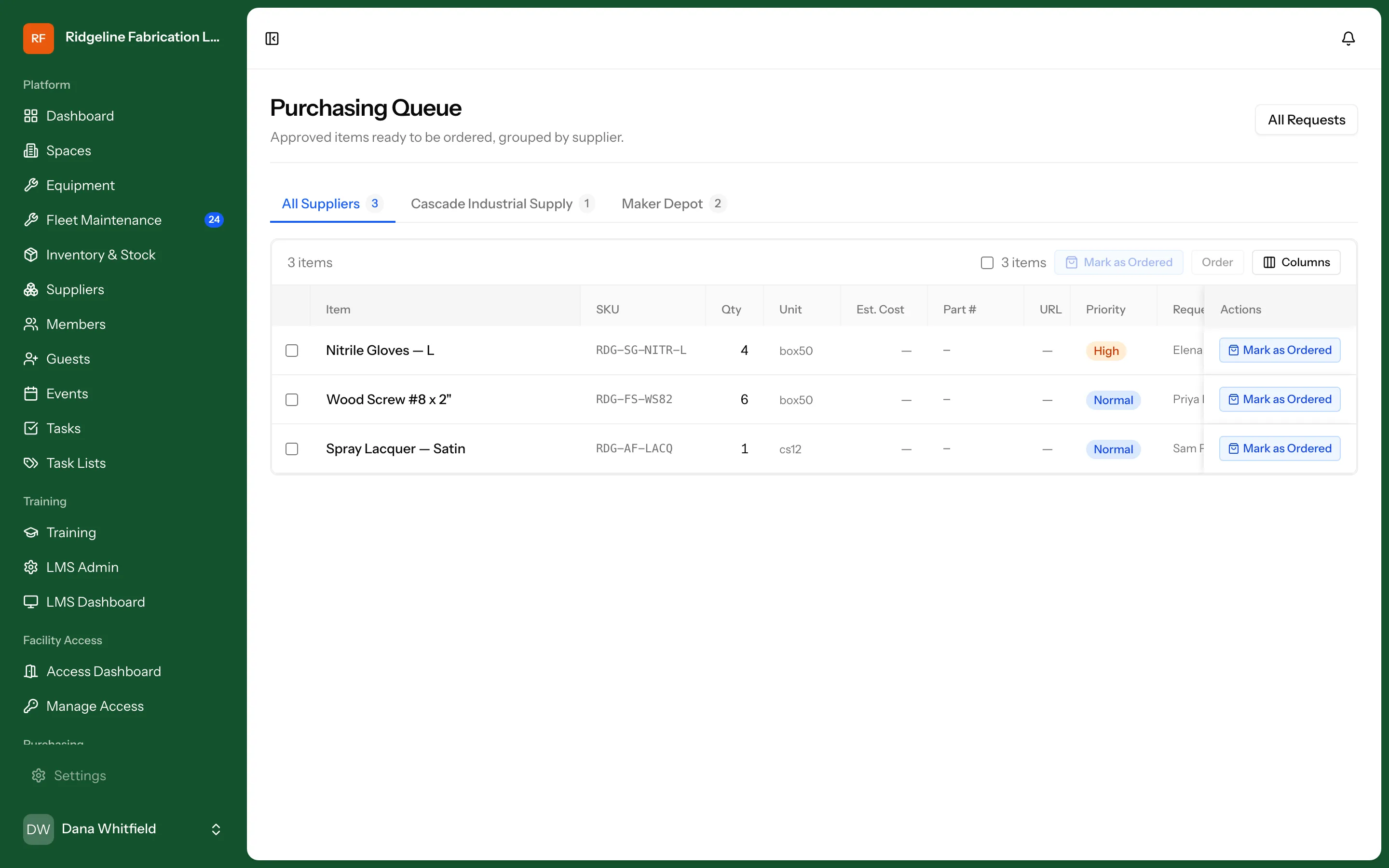 Approvals screen in Makerspace Management