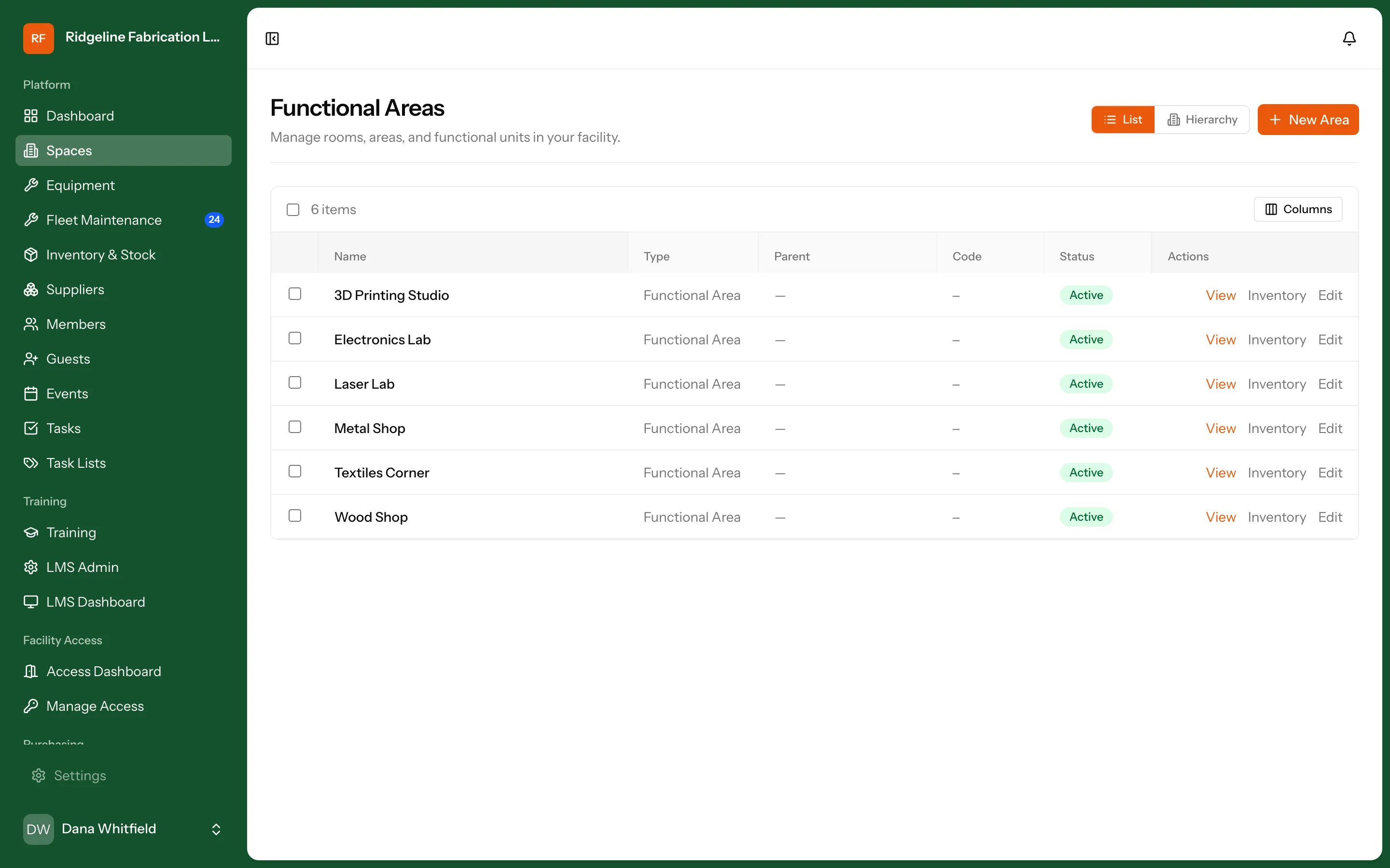 Locations screen in Makerspace Management